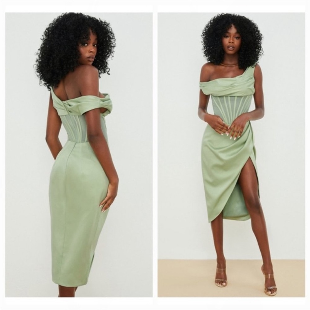 House of CB ‘Lulu’ Pistachio Asymmetric Drape Midi Corset Dress NWOT - Picture 9 of 14